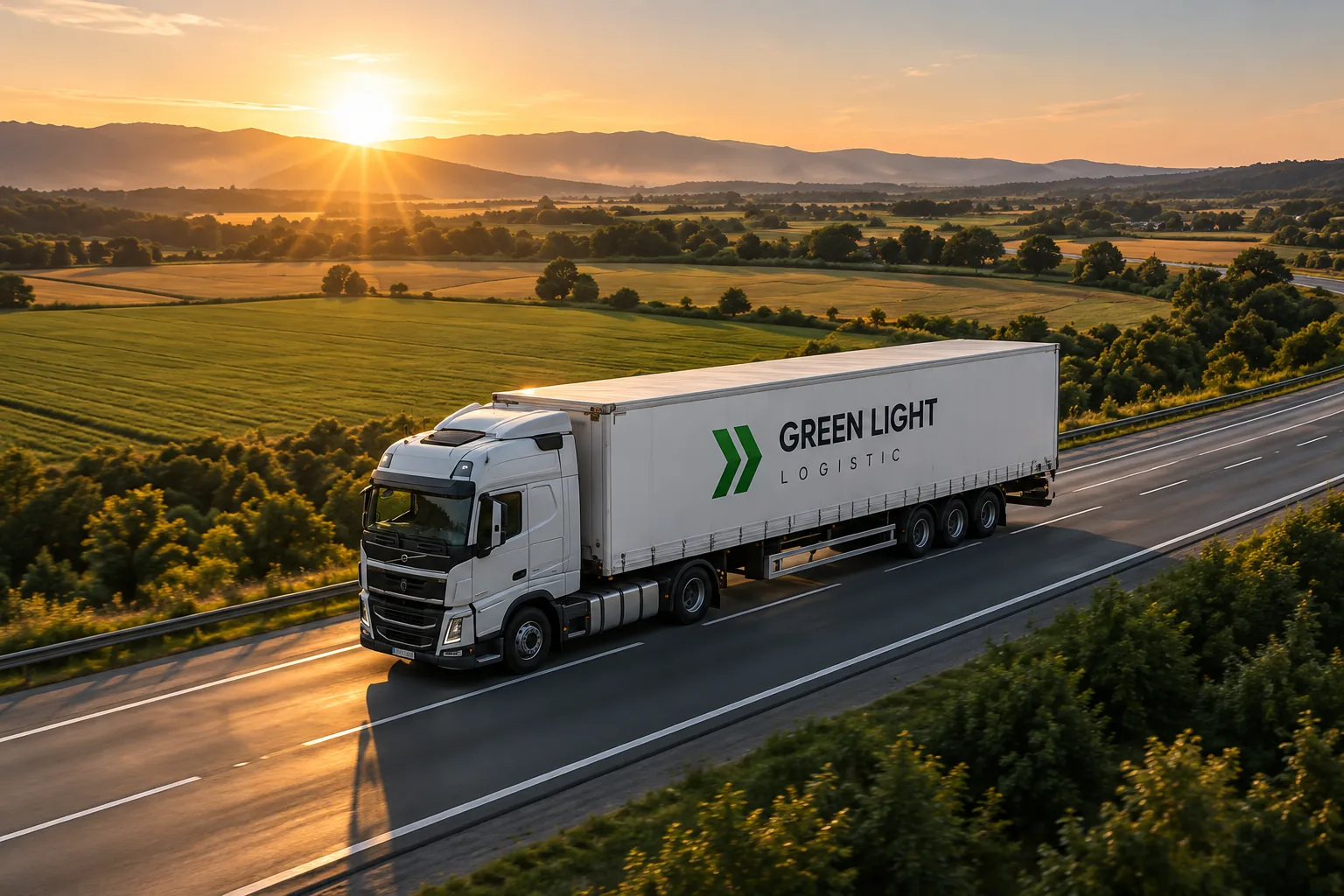 Фура Green Light Logistic на дорозі серед українських полів на заході сонця